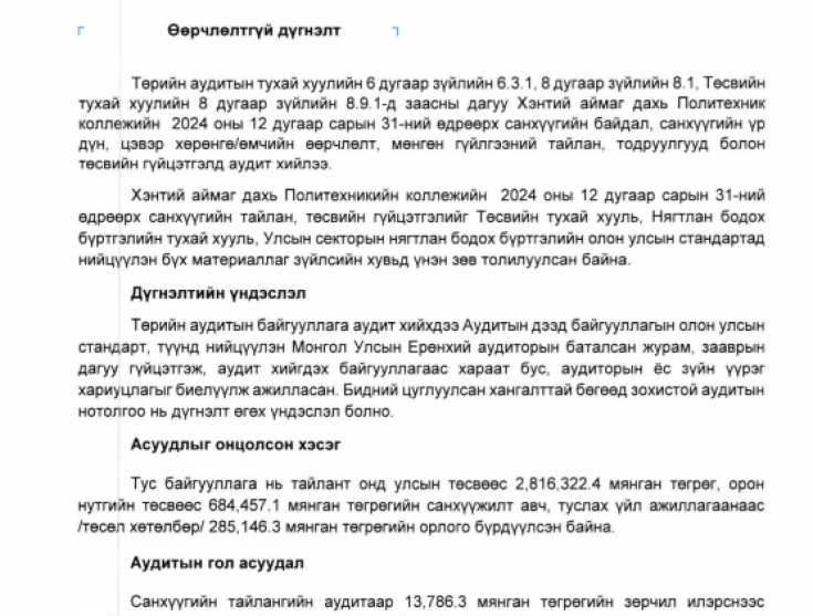 Дотоод аудитын санхүүгийн хяналт шалгалтын тайлан